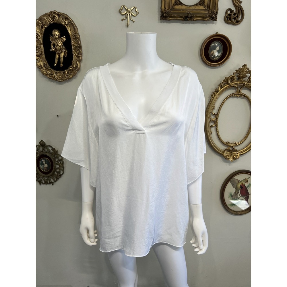 Vince White Short Sleeve V-Neck Silk Blend Blouse Top Size XL NWT